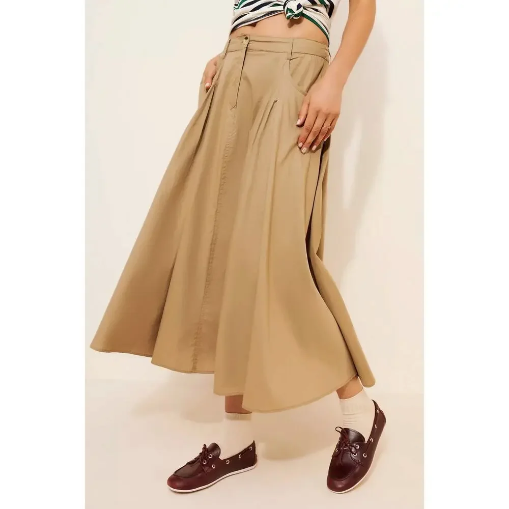 Free People All Around Midi Maxi Full Skirt Olive Tan Khaki Size Large Neutral